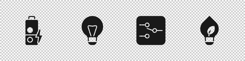 Set Battery charge, Creative lamp light idea, Switch in electronic circuit and Light bulb with leaf icon. Vector