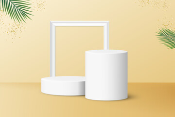 Two podiums with frame for product display isolated on pastel yellow background