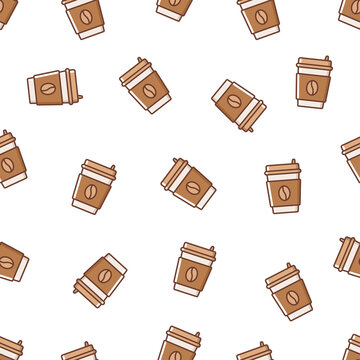 Seamless pattern of a coffee paper cup. Flat simple coffee pattern.