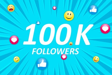 Thank you 100K subscribers. Bright banner
with the congratulations of thousands of followers.
 Like and smiley icons on a blue background with rays in a circle.
The concept of congratulations in socia