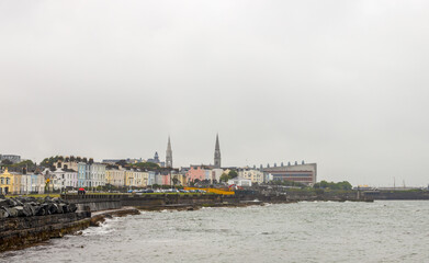 Fototapeta premium Distance view of Dun Laoghaire, Dublin county, Ireland, on a cloudy day
