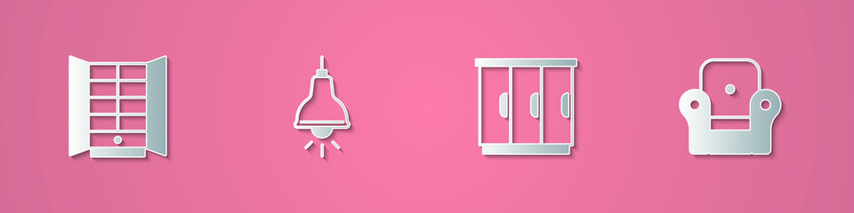 Set paper cut Wardrobe, Lamp hanging, and Armchair icon. Paper art style. Vector