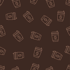 Seamless line pattern of a coffee paper cup. Flat simple coffee pattern.