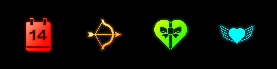 Set Calendar with February 14, Bow and arrow, Candy in heart shaped box and Heart wings icon. Vector