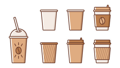 Disposable coffee cups collection. A set of different types of paper cups. Vector simple flat icons