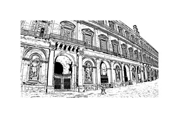 Building view with landmark of Naples is the 
city in Italy. Hand drawn sketch illustration in vector.