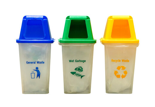 bin, types of rubbish, separated by its color, Rubbish Bin (Green), recyclable waste (Yellow) general waste (Blue), Waste separation, garbage sorting. on white with clipping path.