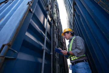 Asian male worker standing between containers, lookinng and Check sets to write reports, to workers...