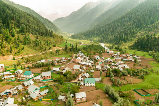 Aerial view of the Arow Village, Pahalgam, Jammu and Kashmir, India.
