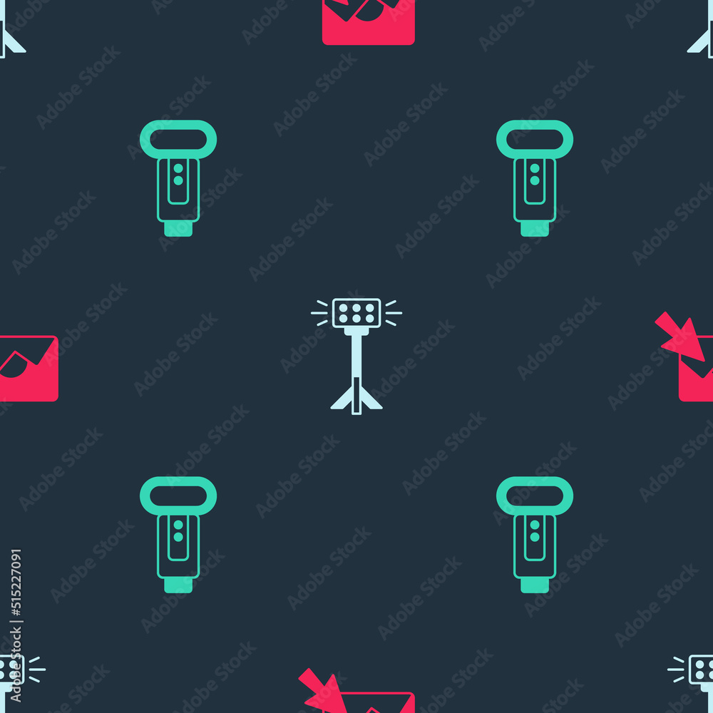 Poster set photo retouching, studio light bulb softbox and camera flash on seamless pattern. vector
