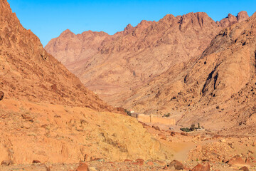 View of Saint Catherine's monastery (or Sacred Monastery of the God-Trodden Mount Sinai) in Sinai Peninsula, Egypt