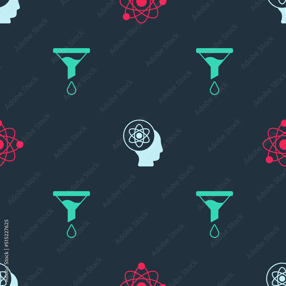 Poster set atom, and funnel or filter on seamless pattern. vector