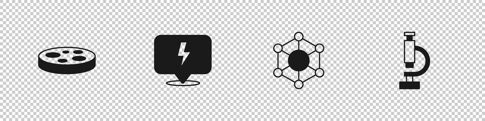 Set Petri dish with bacteria, Lightning bolt, Molecule and Microscope icon. Vector