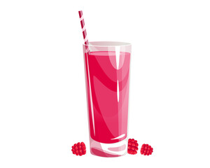 Raspberry juice in a tall glass.Summer refreshing drink with raspberries.Vector illustration.