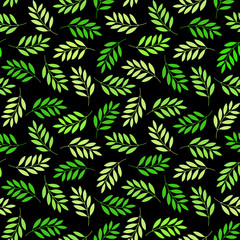 Seamless Tossed Leaf Fronds in Shades of Green on Black Background