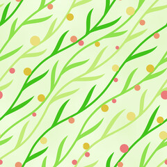 Seamless Diagonal Vines With Berries in Shades of Green, Coral, and Gold on Pale Green Background