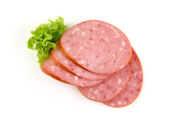 Sliced Bologna sausage, isolated on white background.