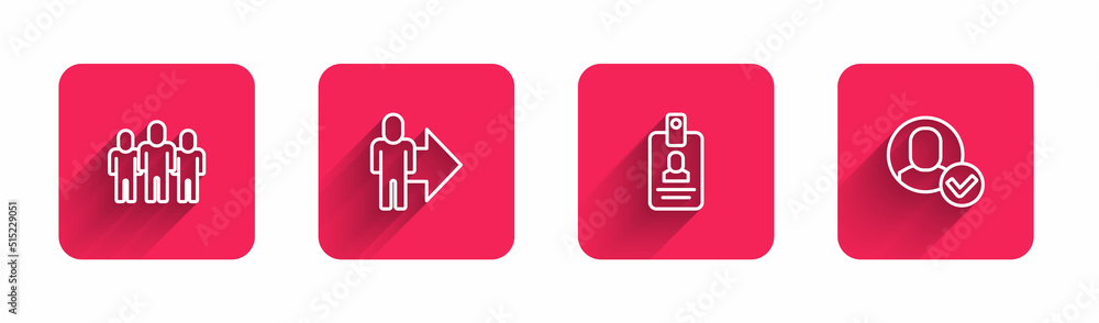 Poster set line project team base, leader of of executives, identification badge and worker with long shado