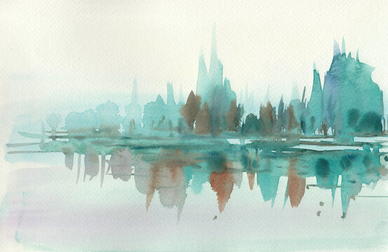 Landscape reflex in water watercolor painting for card illustration decoration background