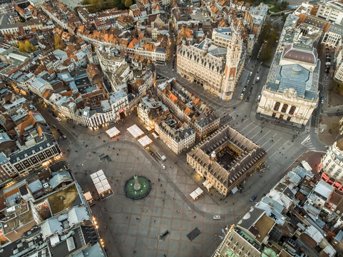 Aerial view of Lille historical downtown in France.