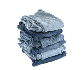 Jeans stacked like in a store on a white background. Jeans made of recycled material