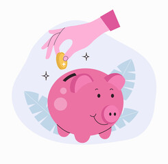 Woman hand investing a coin into a piggy bank. Saving and investing money concept. Vector flat style illustration