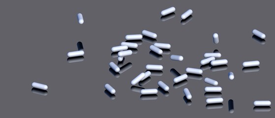 Medicines are scattered on a dark background. 3D render