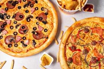 Tree types of italian pizza banner with free space for text, sliced pizza close up