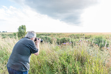 Rear view of a gray haired mature man taking camera shots of thistles in a field with a cloudy sky.