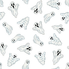 Seamless watercolor Halloween pattern with ghosts