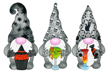 Three gnomes with Halloween decor and food and drinks