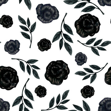 Seamless watercolor Halloween pattern with black roses