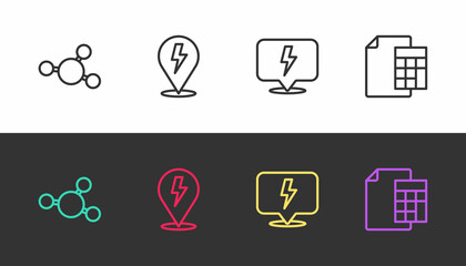 Set line Molecule, Lightning bolt, and Calculator on black and white. Vector