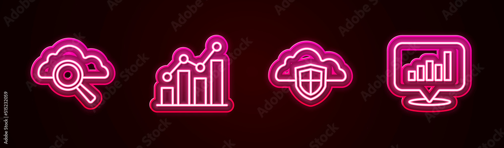 Poster set line search cloud computing, pie chart infographic, cloud and shield and . glowing neon icon. ve