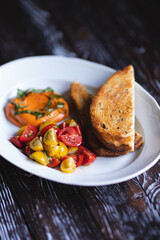 Food photography. Breakfast with toast and vegetables