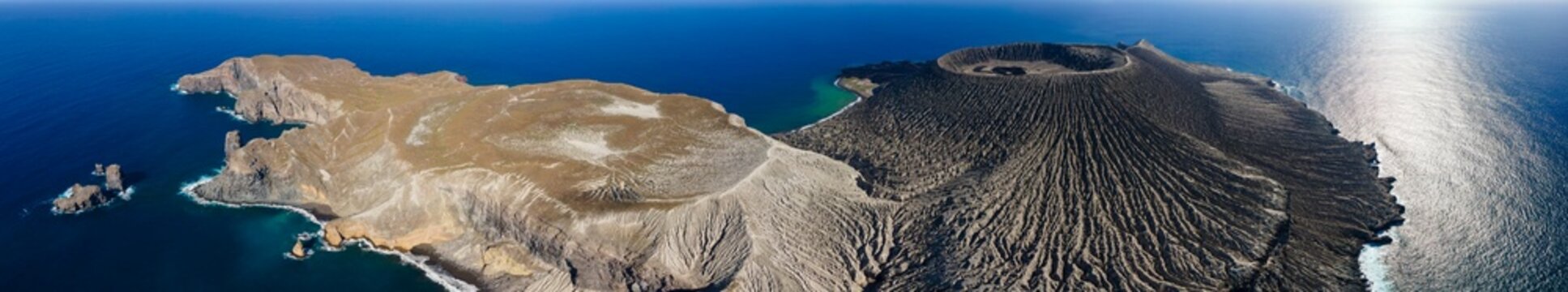 Panoramic aerial view of Isla san Benedicto, a volcanic island, Colima, Mexico.