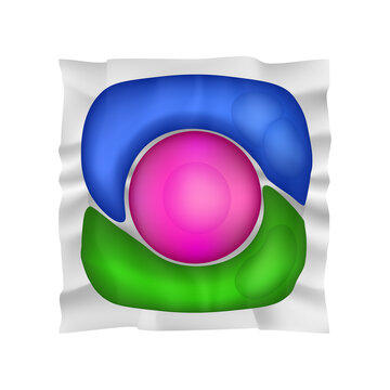 Pink, blue and green washing detergent pod. Capsule with colored laundry gel. 3 in 1