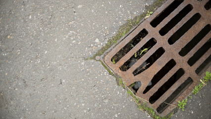 Old metal sewer grate on an asphalt street, free space