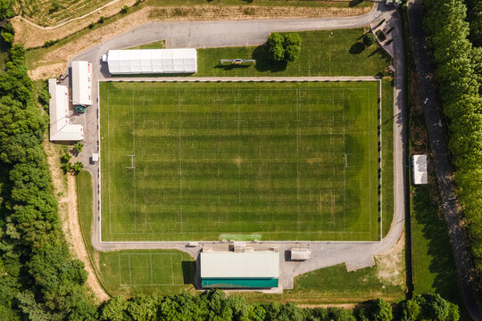 Aerial view of a soccer field near Grand Lac de L'Isle-Jourdain, Gers, France.