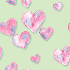 Pink with blue hearts watercolor painting - seamless pattern on olive green background