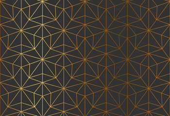Golden star thin line geometric seamless patern, elegant abstract wrapping paper design. Starry shape lace luxury fabric pattern design. Gold Christmas style holiday dark triangle background