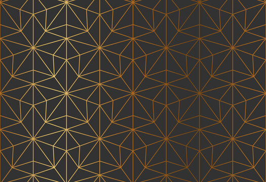 Golden star thin line geometric seamless patern, elegant abstract wrapping paper design. Starry shape lace luxury fabric pattern design. Gold Christmas style holiday dark triangle background