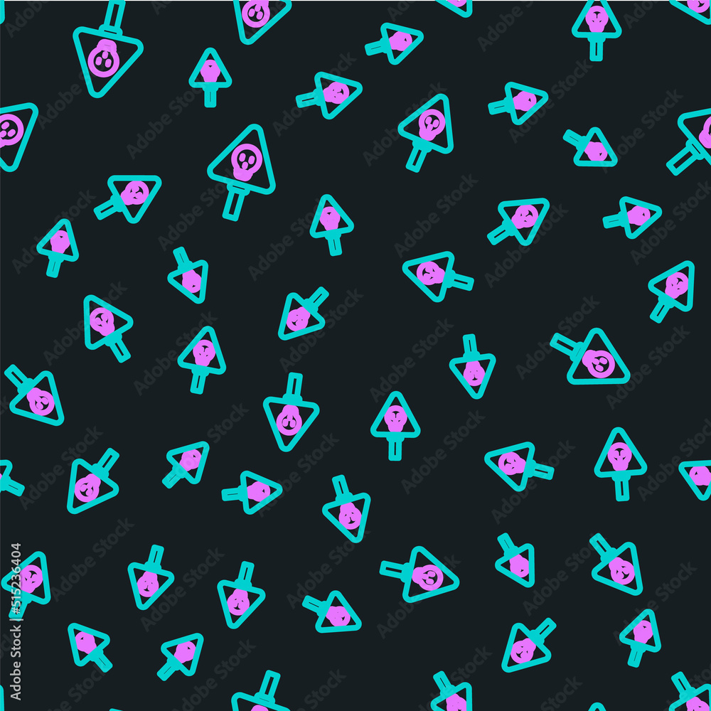 Poster line bones and skull as a sign of toxicity warning icon isolated seamless pattern on black backgroun