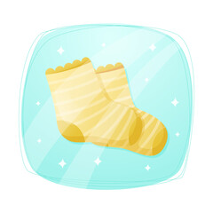 Children clothing or accessory, knitted yellow socks. Vector isolated icon or sticker.