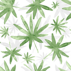 Green palm leaves, tropical watercolor painting - seamless pattern on white background