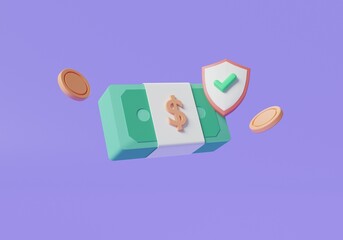 Money security concept. Money protection shield on purple background. Coins, banknotes. online payment protection, financial saving insurance, money saving. 3d render illustration. cartoon minimal