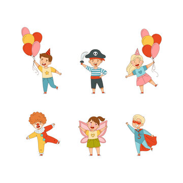 Boys and girls in carnival costumes set. Happy boys and girls dressed as clown, butterfly, superhero having fun at birthday party cartoon vector illustration