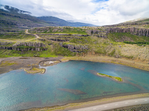 Aerial view of roads and lake at the inner end of fjord Berufjordur, Eastfjords, Iceland.