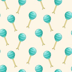 Newborn toy, baby rattle on a stick. Vector seamless pattern.