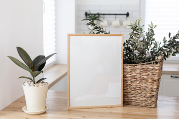 Mock up frame in kitchen interior background. Scandinavian home design.